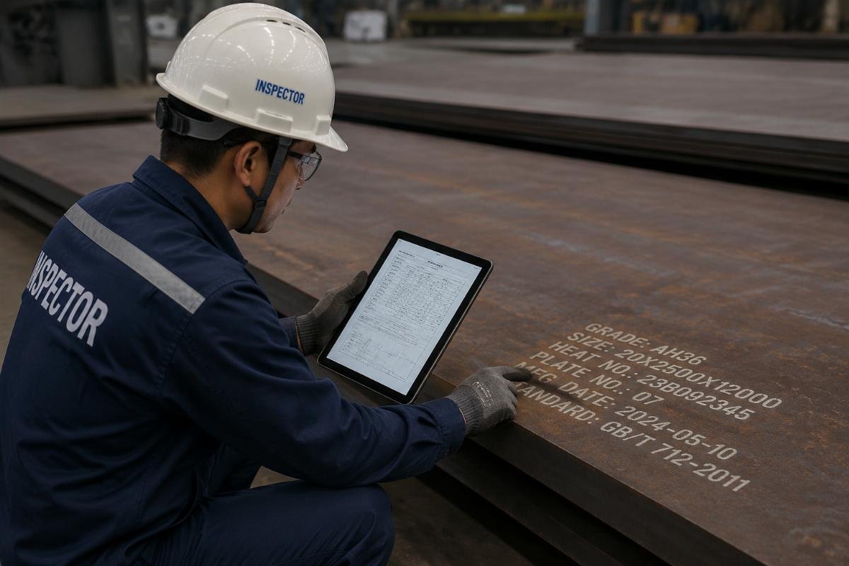 Inspector reviewing steel plate markings and comparing them with documentation on a tablet