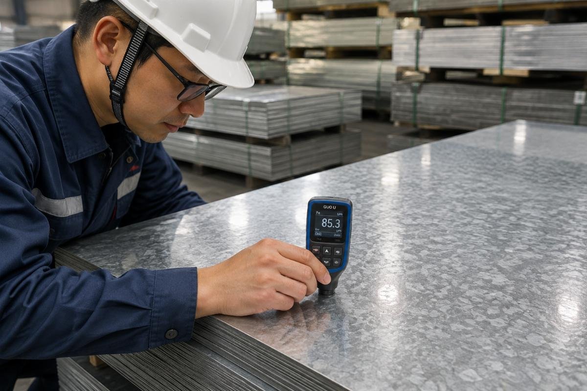Inspector using a magnetic gauge to measure zinc coating thickness on galvanized steel plates