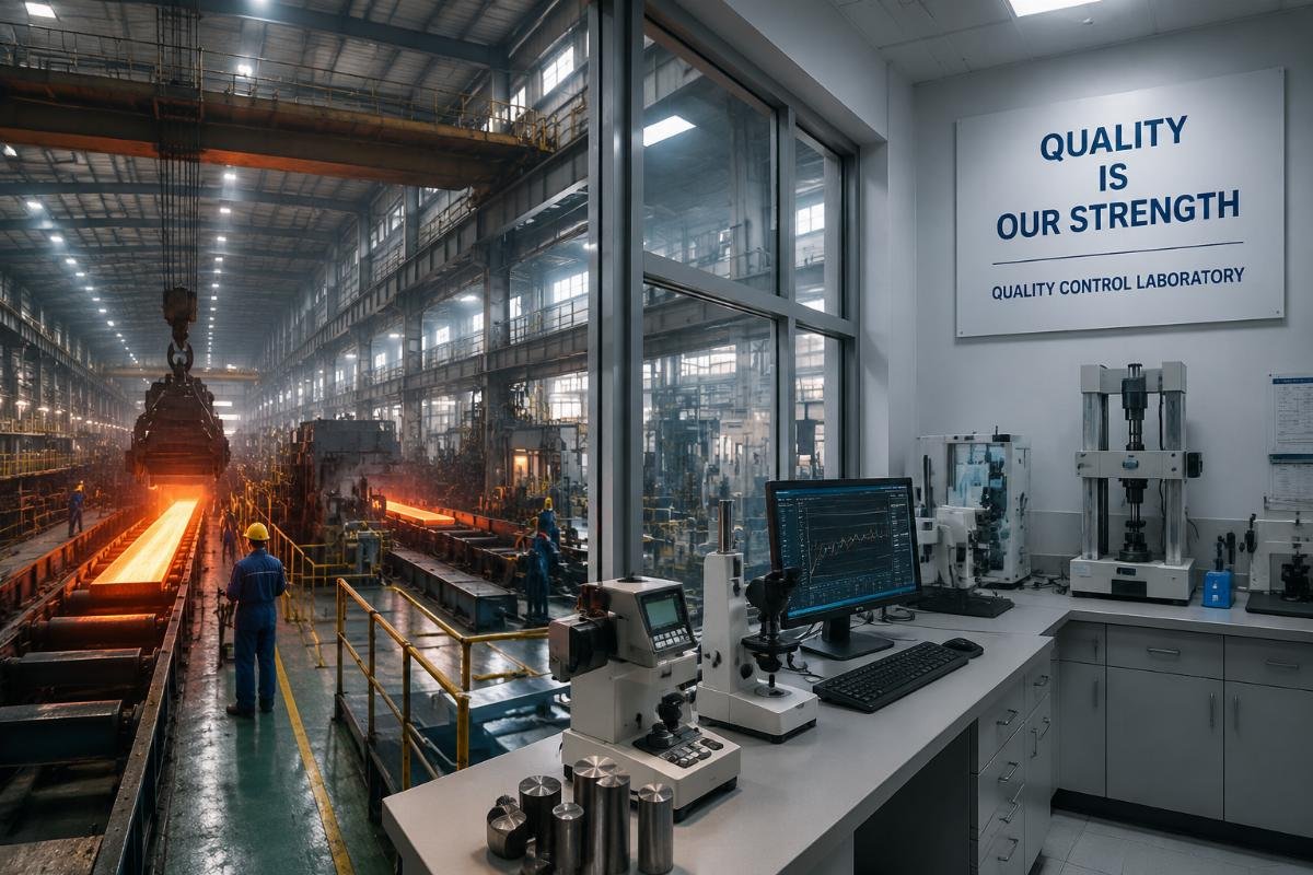 Interior view of a steel manufacturing facility with in-house quality control laboratory