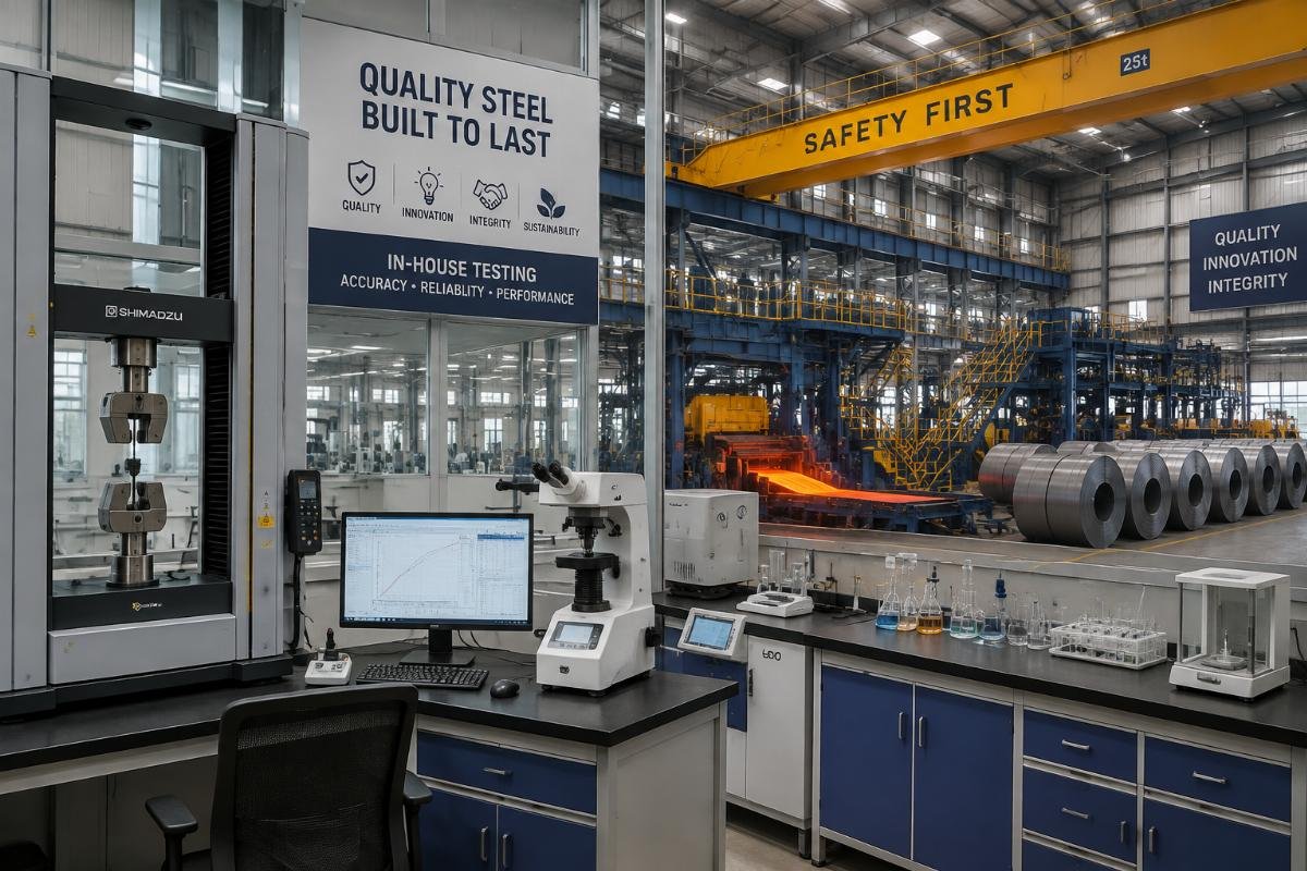 Interior view of modern steel manufacturing facility with in-house laboratory testing equipment