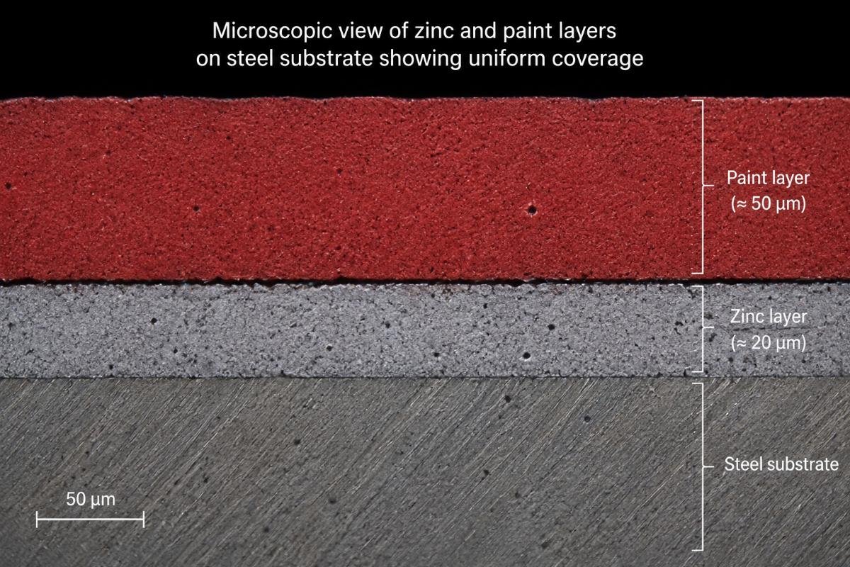 Microscopic view of zinc and paint layers on steel substrate showing uniform coverage