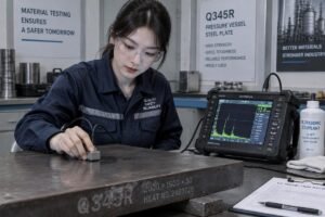 Quality control inspector performing ultrasonic testing on a Q345R steel plate in a factory laboratory