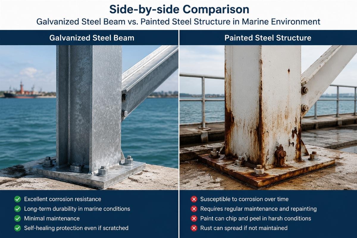 Side-by-side comparison of galvanized steel beam and painted steel structure in a marine environment