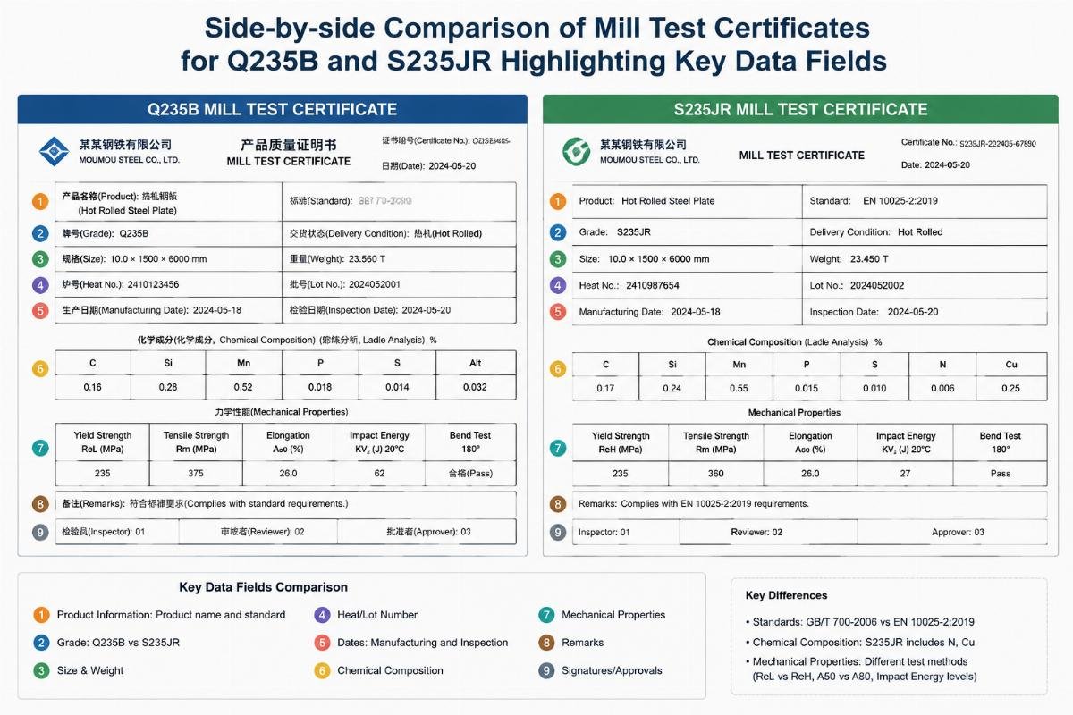Side-by-side comparison of Mill Test Certificates for Q235B and S235JR highlighting key data fields