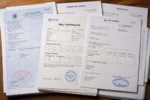 Stack of export documentation including mill certificates and bills of lading for steel shipment