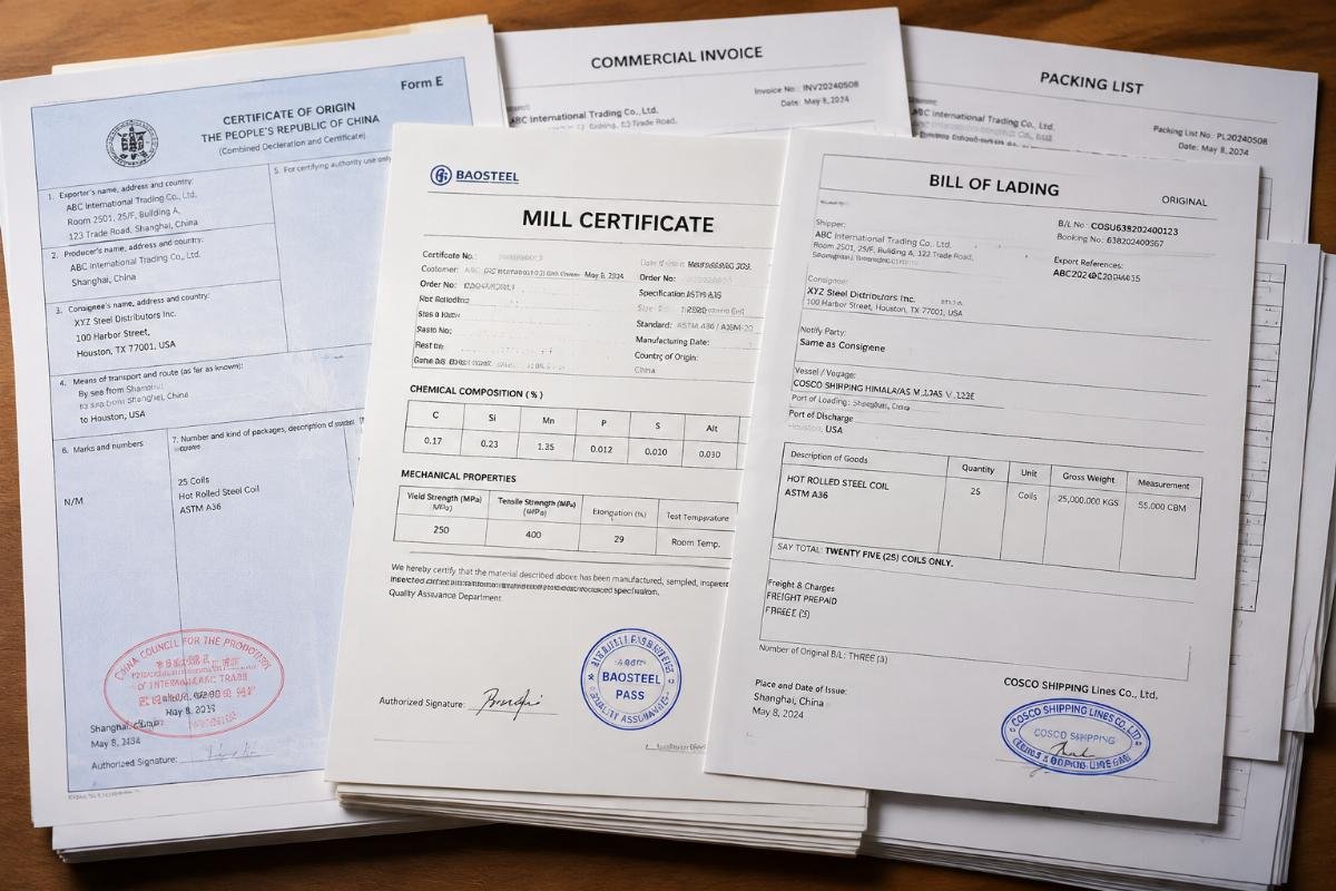 Stack of export documentation including mill certificates and bills of lading for steel shipment