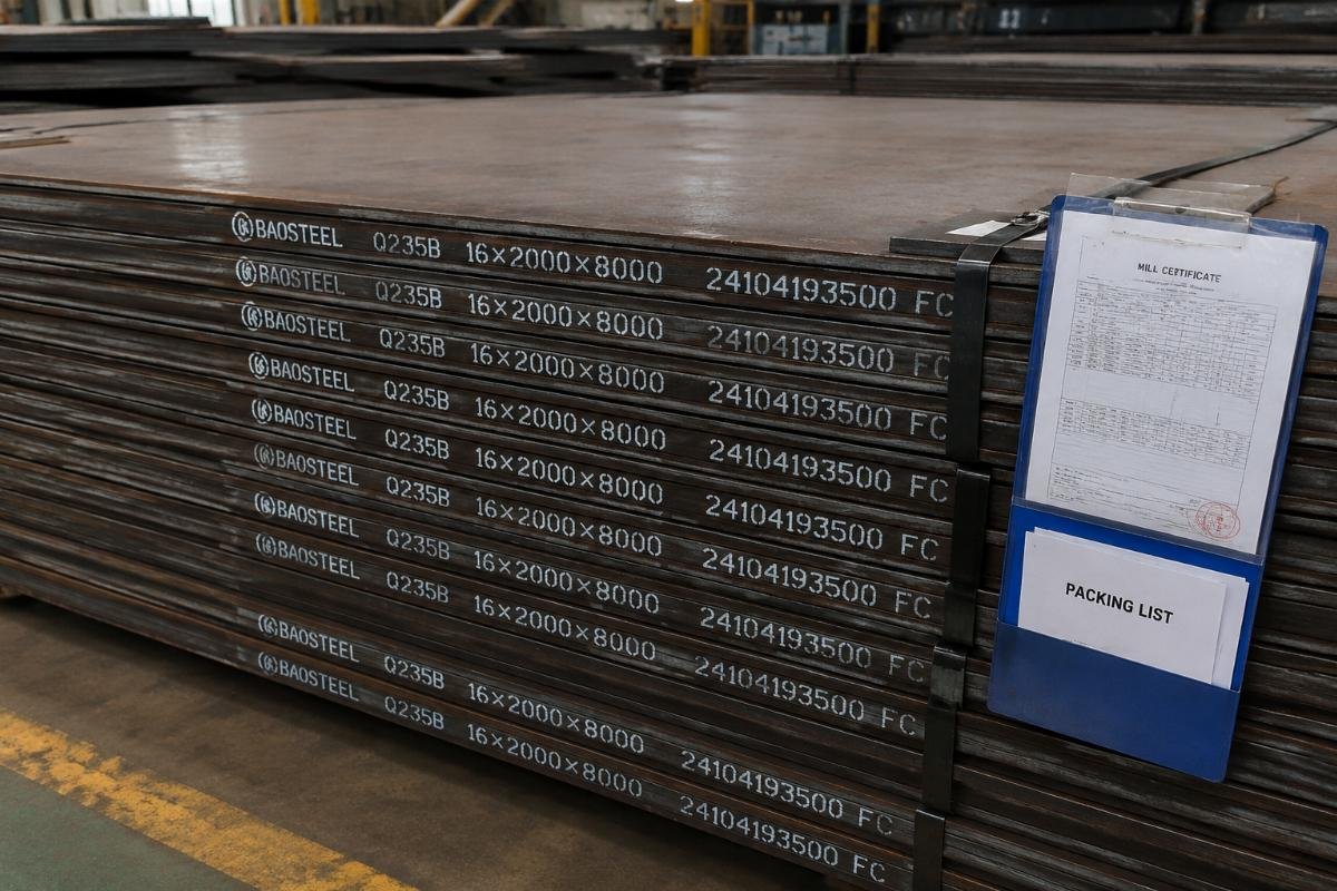 Stack of steel plates with visible mill identification stamps and attached documentation folders