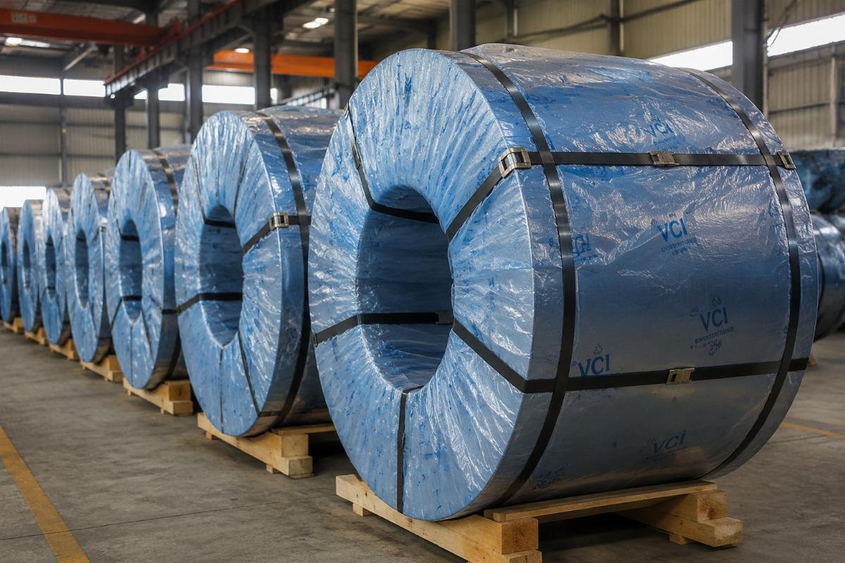 Steel coils wrapped in VCI film and secured with heavy-duty strapping for ocean freight