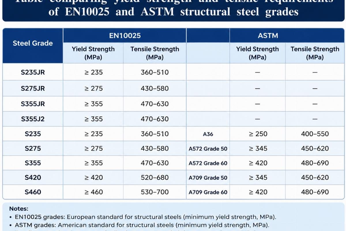 Table comparing yield strength and tensile requirements of EN10025 and ASTM structural steel grades