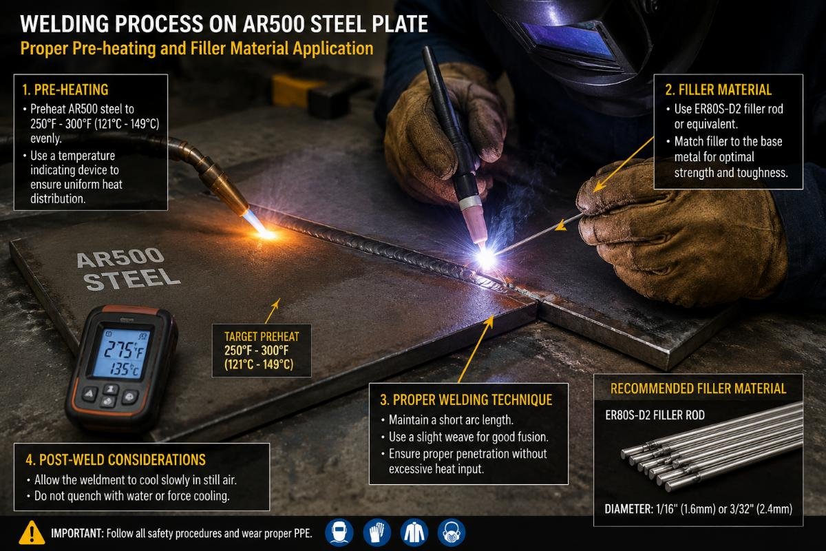 Welding process on AR500 steel plate showing proper pre-heating and filler material application