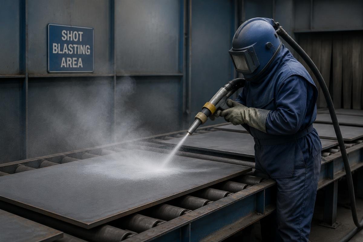 Worker performing shot blasting on steel plates in a controlled factory environment