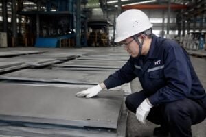 Worker performing visual inspection of stainless steel plates after shot blasting process in factory
